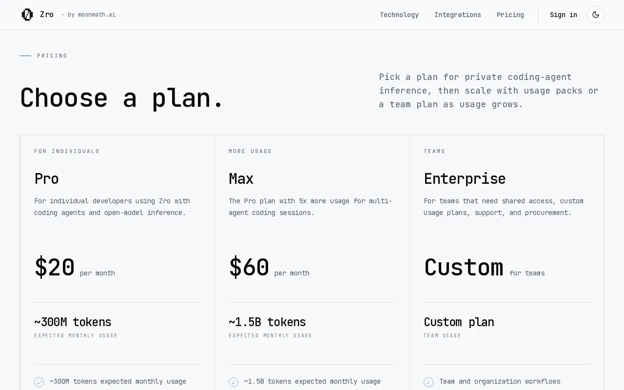 Zro — pricing page