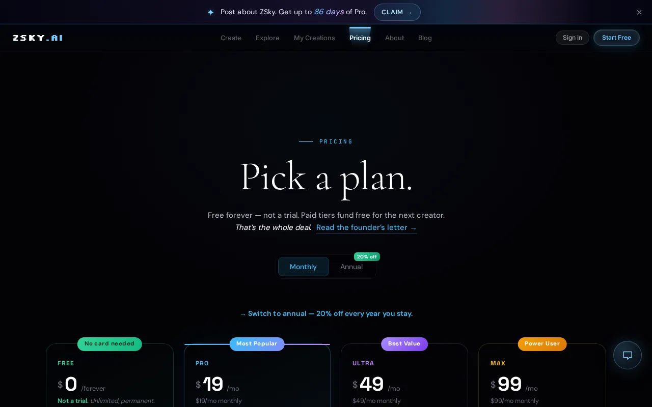 ZSky AI — pricing page