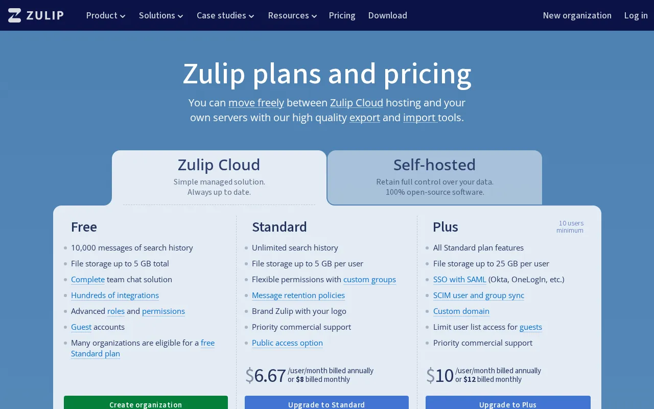 Zulip — pricing page